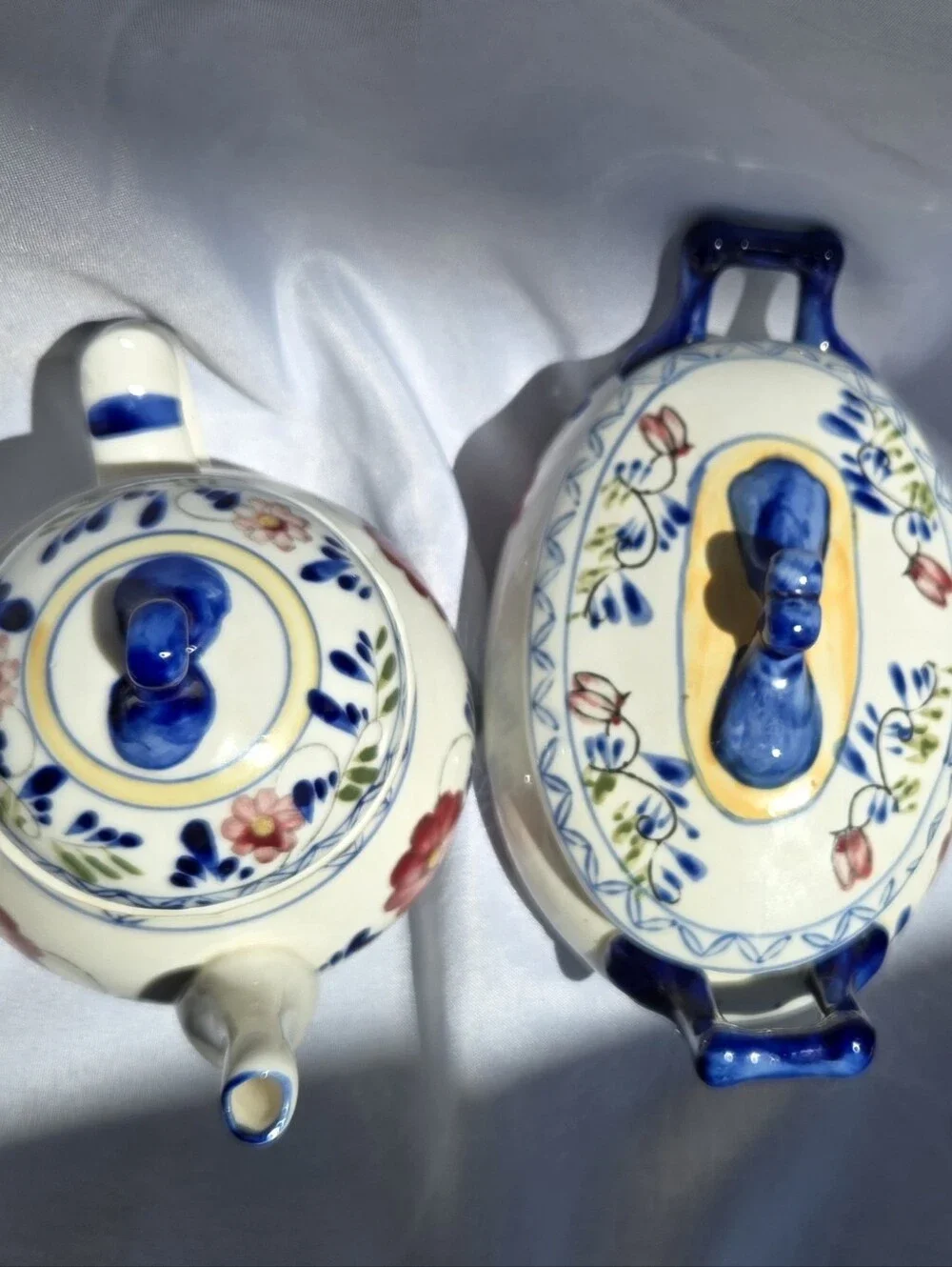 Vintage Hand-Painted Floral Porcelain Teapot & Covered Dish Set Unmarked